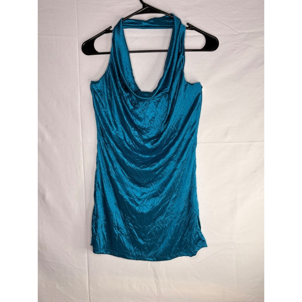 Coolwear USA Teal Blue Crinkle Satin Cowl Halter Top XL 333-29987J